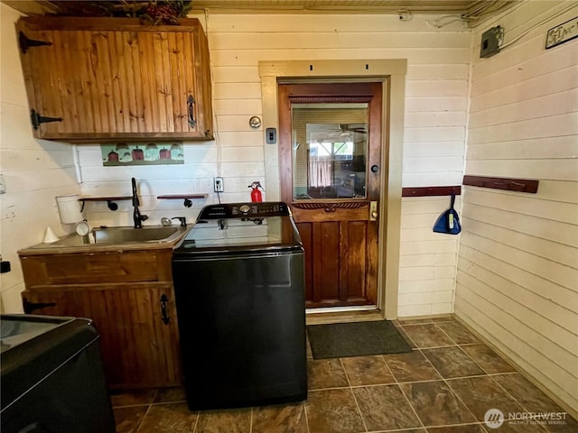 washroom featuring wooden walls, cabinet space, washer / clothes dryer, and a sink