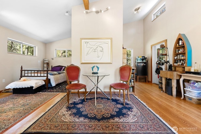 sitting room featuring high vaulted ceiling and wood finished floors