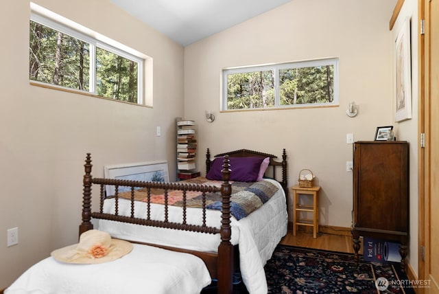 bedroom featuring multiple windows, wood finished floors, and lofted ceiling