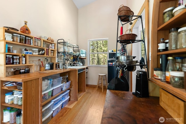interior space with light wood-style flooring and lofted ceiling