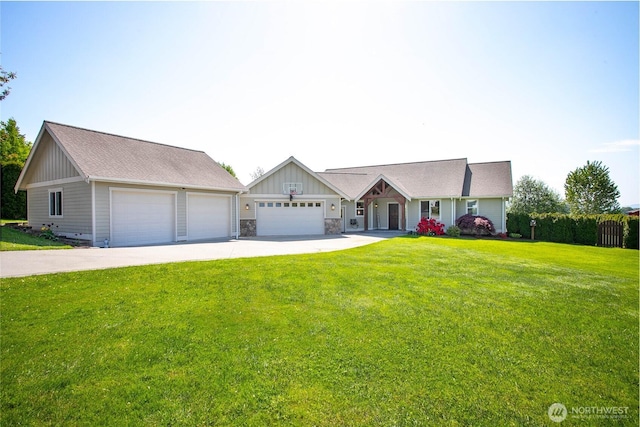 single story home with board and batten siding, stone siding, a front yard, and concrete driveway