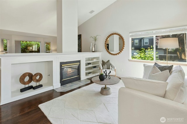 18711 22nd Dr SE, Bothell, WA 98012 - living room with wood finished floors, a glass covered fireplace, and high vaulted ceiling