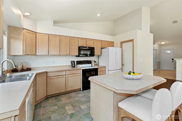 18711 22nd Dr SE, Bothell, WA 98012 - kitchen featuring white appliances, a sink, lofted ceiling, light brown cabinets, and a breakfast bar
