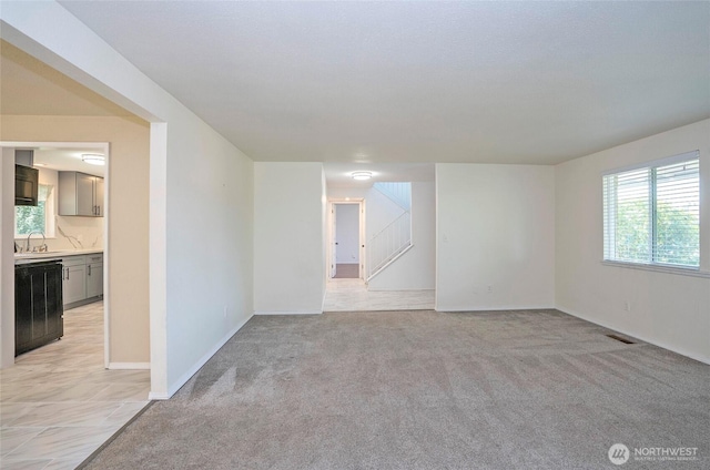 empty room featuring a sink, light carpet, and baseboards