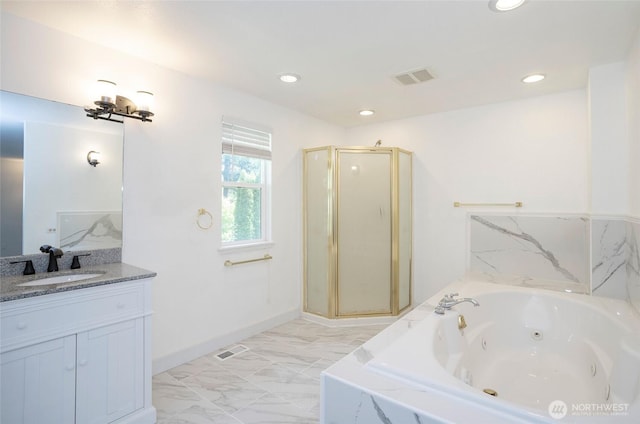 full bathroom with a shower stall, marble look tile flooring, a tub with jets, vanity, and recessed lighting