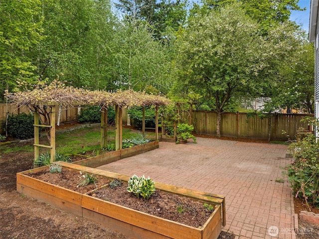 view of patio / terrace featuring a vegetable garden and a fenced backyard