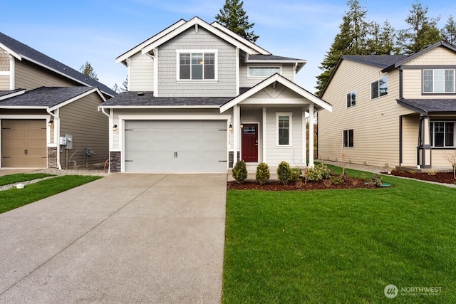 craftsman-style house with a garage, a shingled roof, concrete driveway, and a front yard