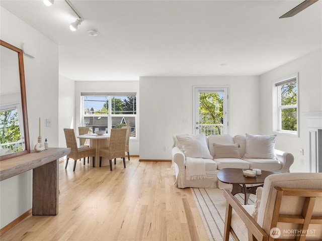 living room with light wood-style flooring, baseboards, and rail lighting