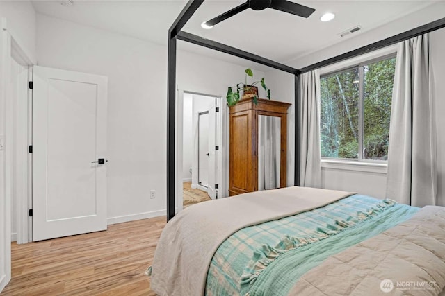 5601 Lewis River Rd, Ariel, WA 98603 - bedroom with light wood-style flooring, multiple windows, baseboards, recessed lighting, and a ceiling fan