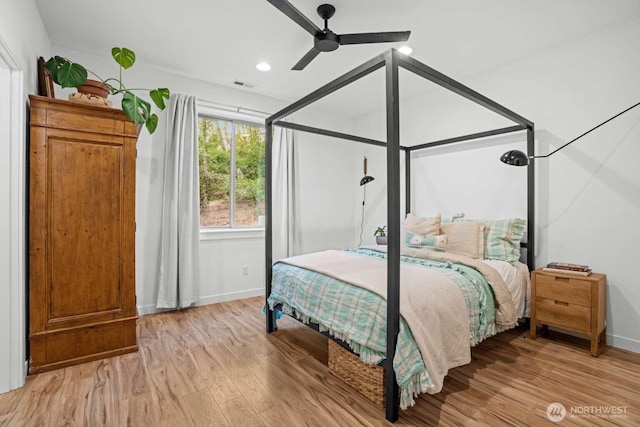 5601 Lewis River Rd, Ariel, WA 98603 - bedroom with baseboards, light wood-style flooring, ceiling fan, and recessed lighting