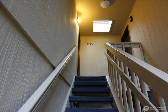 stairway with wooden walls