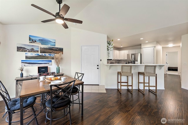 dining space with recessed lighting, ceiling fan, baseboards, and dark wood-type flooring