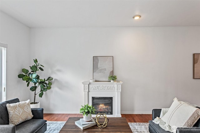 living area with baseboards, a glass covered fireplace, and wood finished floors