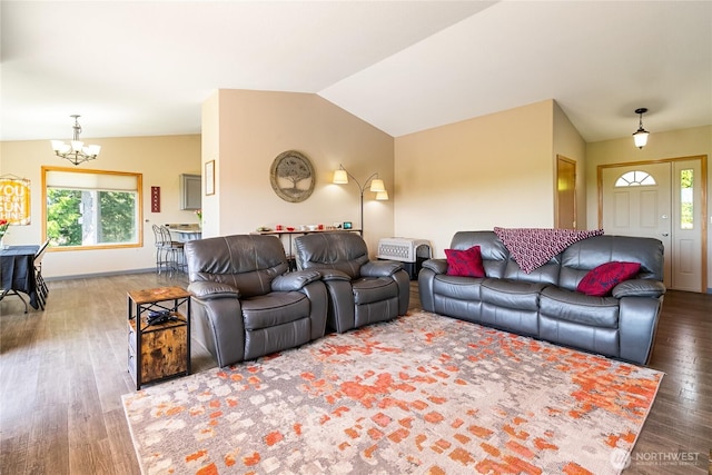 2995 Haynie Rd, Custer, WA 98240 - living area with a chandelier, wood finished floors, and lofted ceiling