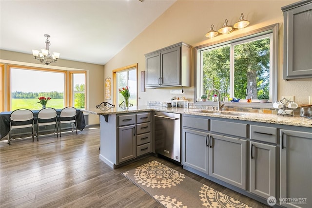2995 Haynie Rd, Custer, WA 98240 - kitchen featuring dishwasher, gray cabinetry, a sink, lofted ceiling, and a peninsula
