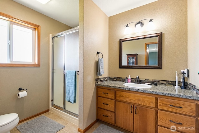 2995 Haynie Rd, Custer, WA 98240 - full bath with toilet, a shower stall, vanity, tile patterned floors, and baseboards