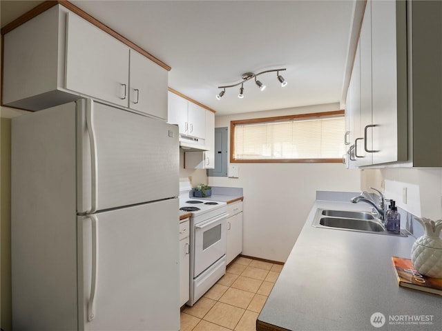 16631 Sylvester Rd SW, Burien, WA 98166 - kitchen with a sink, light tile patterned floors, under cabinet range hood, white appliances, and white cabinetry