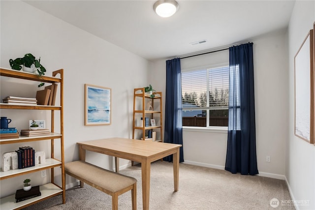 office area with light colored carpet, baseboards, and visible vents