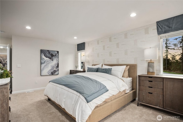bedroom featuring recessed lighting and light colored carpet