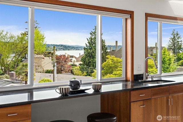 kitchen with a sink, brown cabinetry, dark stone counters, and a water view