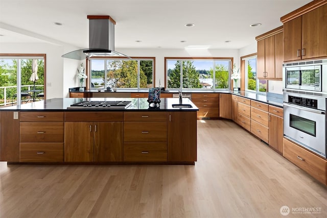 kitchen with appliances with stainless steel finishes, island range hood, dark countertops, light wood-style floors, and healthy amount of natural light