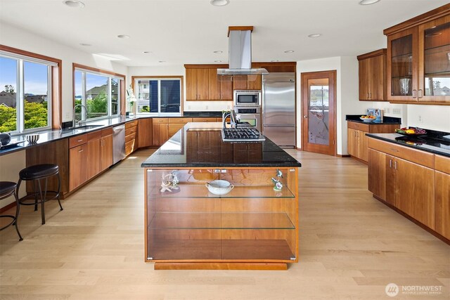 kitchen featuring built in appliances, island range hood, a sink, a center island, and light wood-style flooring