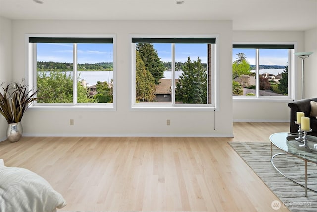 living area with wood finished floors, baseboards, and a water view