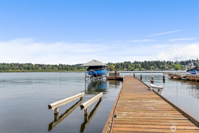 dock area featuring a water view and a forest view