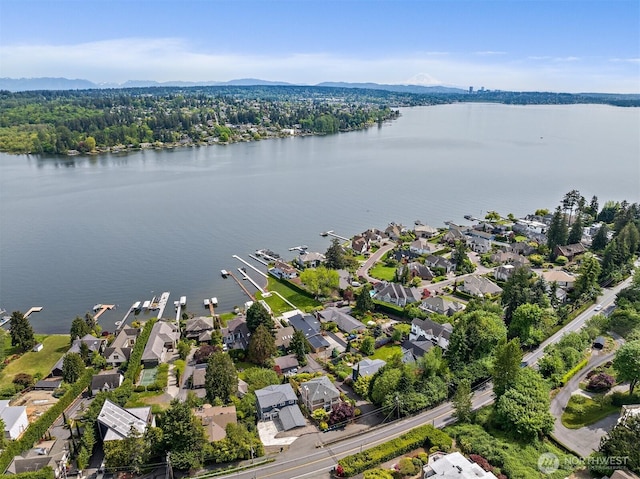 aerial view of residential area with a water and mountain view