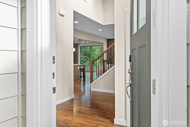 3530 128th St SE, Everett, WA 98208 - foyer entrance with baseboards, wood finished floors, stairs, and recessed lighting