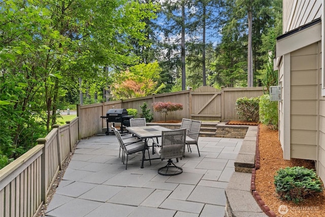 3530 128th St SE, Everett, WA 98208 - fenced backyard with outdoor dining space, a patio, a gate, a grill, and view of wooded area