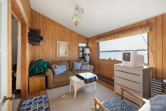 interior space featuring a baseboard heating unit, wood walls, and lofted ceiling