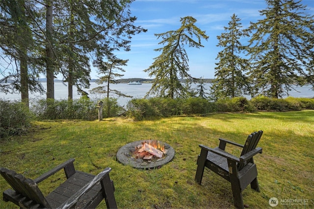 view of yard with a water view and an outdoor fire pit