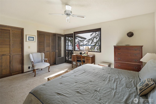 bedroom featuring carpet, ceiling fan, and two closets
