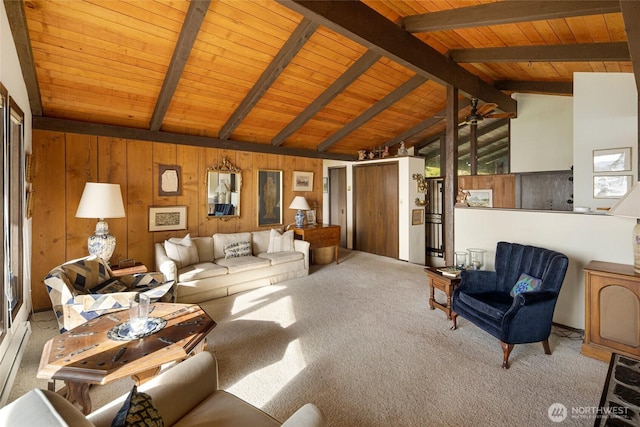 carpeted living area with lofted ceiling with beams, wood walls, and wooden ceiling