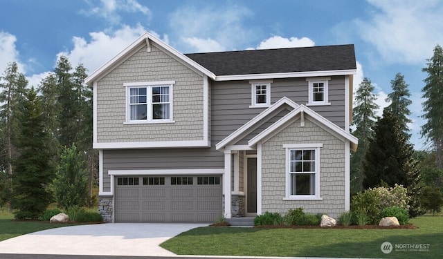 view of front facade featuring concrete driveway, a front lawn, and a garage