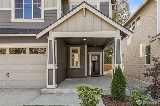 doorway to property with covered porch and board and batten siding