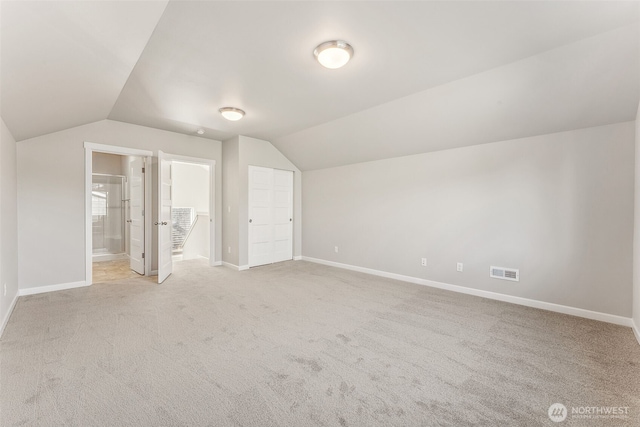additional living space featuring visible vents, carpet, and lofted ceiling