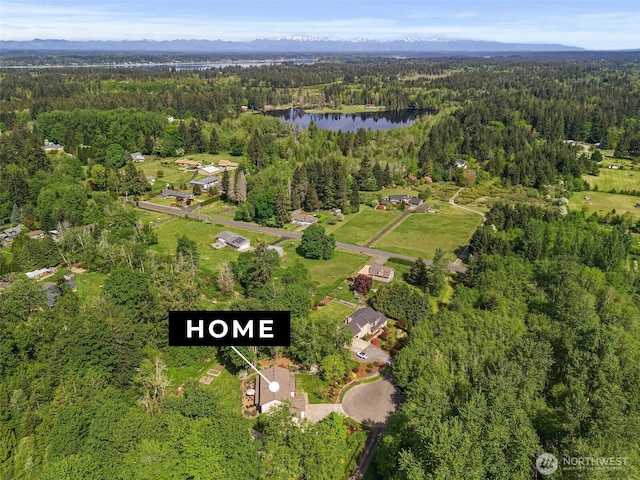 aerial view of property's location with a forest and a nearby body of water