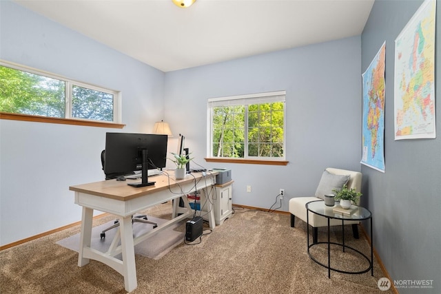 carpeted home office with plenty of natural light and baseboards