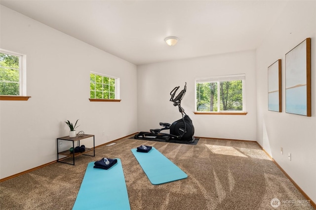 workout area with carpet flooring and baseboards