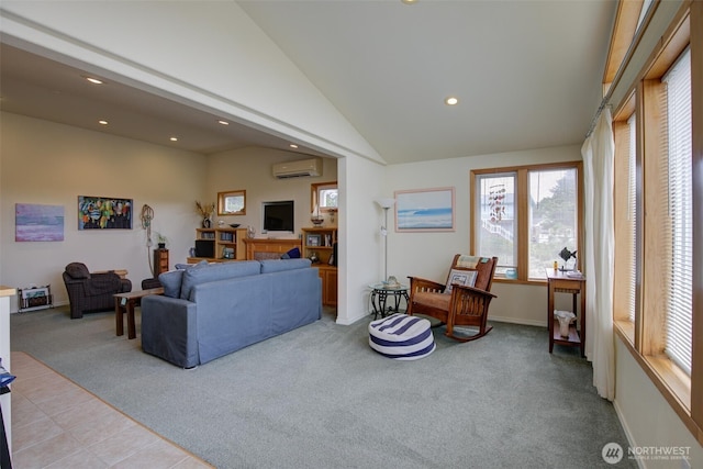 living area featuring light colored carpet, an AC wall unit, recessed lighting, baseboards, and lofted ceiling