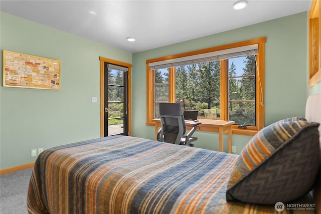 bedroom featuring recessed lighting, baseboards, and carpet floors
