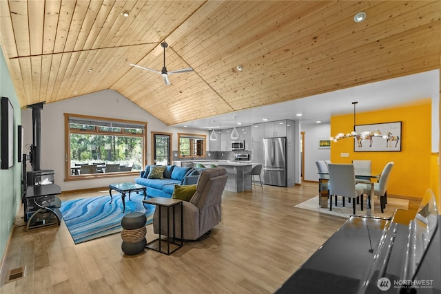 living room with a wood stove, wood ceiling, visible vents, and light wood-style flooring