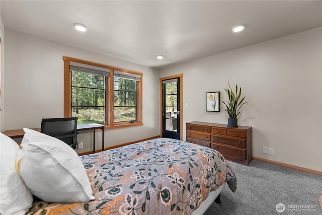 carpeted bedroom featuring baseboards and recessed lighting