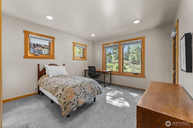 carpeted bedroom with baseboards and recessed lighting