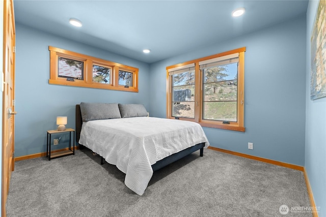 bedroom with carpet flooring, baseboards, and recessed lighting