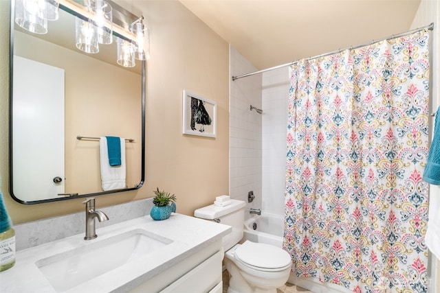 full bathroom with shower / bath combo, toilet, and vanity