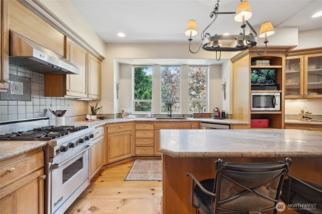 kitchen with appliances with stainless steel finishes, wall chimney exhaust hood, a sink, light wood-style floors, and decorative backsplash