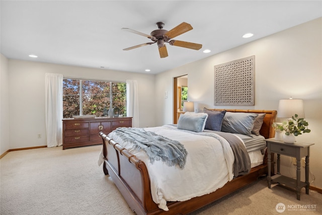 carpeted bedroom featuring baseboards, recessed lighting, and ceiling fan